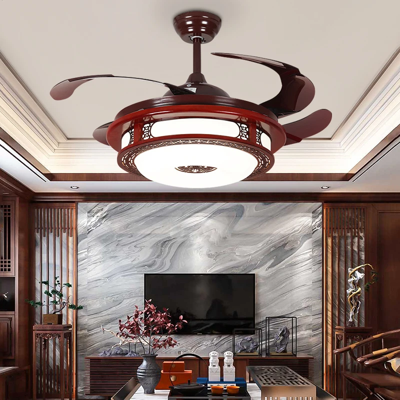 餐厅吊扇灯 中式实木隐形变频风扇灯家用餐厅灯中国风卧室房间灯