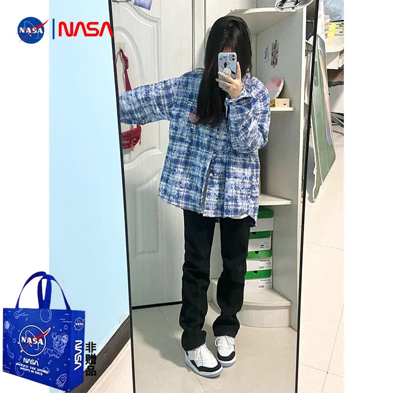 NASA官方联名韩式复古长袖格子衬衫百搭显瘦学生潮酷防晒外套男女