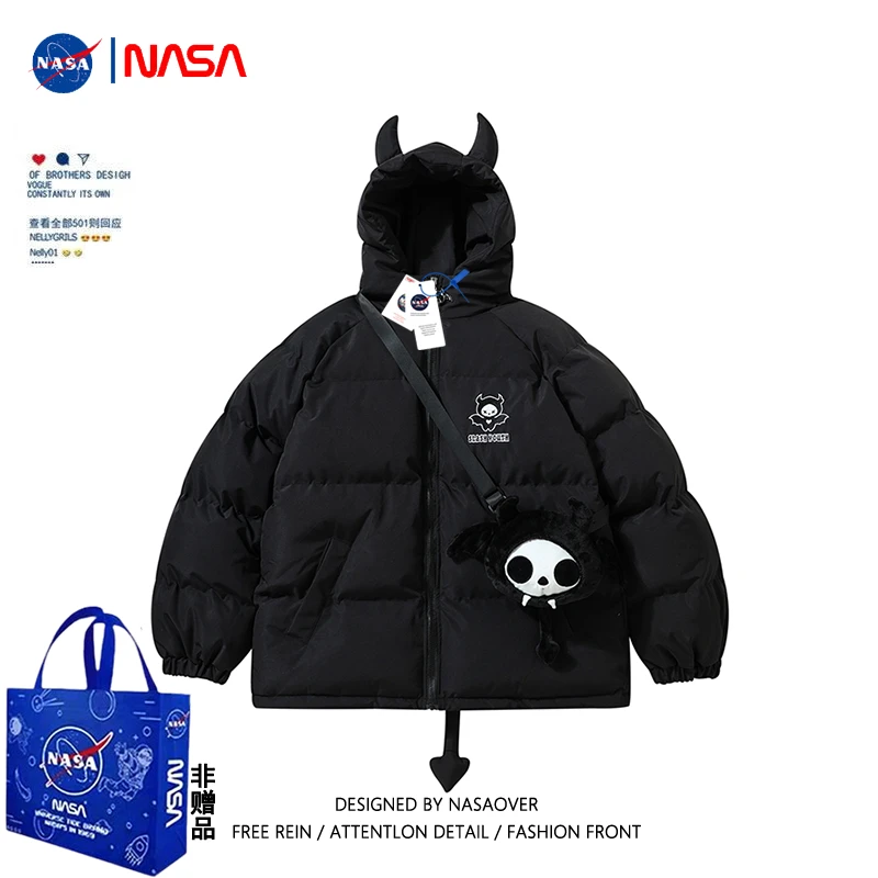 NASA官方联名2023年秋冬季加厚保暖小恶魔角连帽设计棉袄服外套男