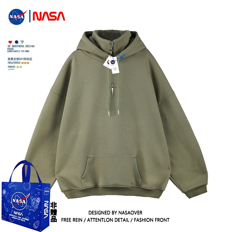 NASA官方联名高街潮牌假两件高领设计小众半拉链卫衣男宽松vibe风