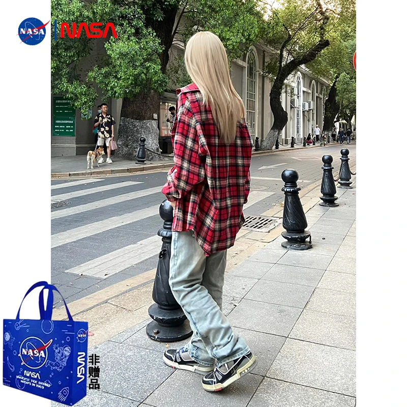 NASA官方联名简约字母刺绣潮酷街头衬衫个性格子撞色防晒外套男女