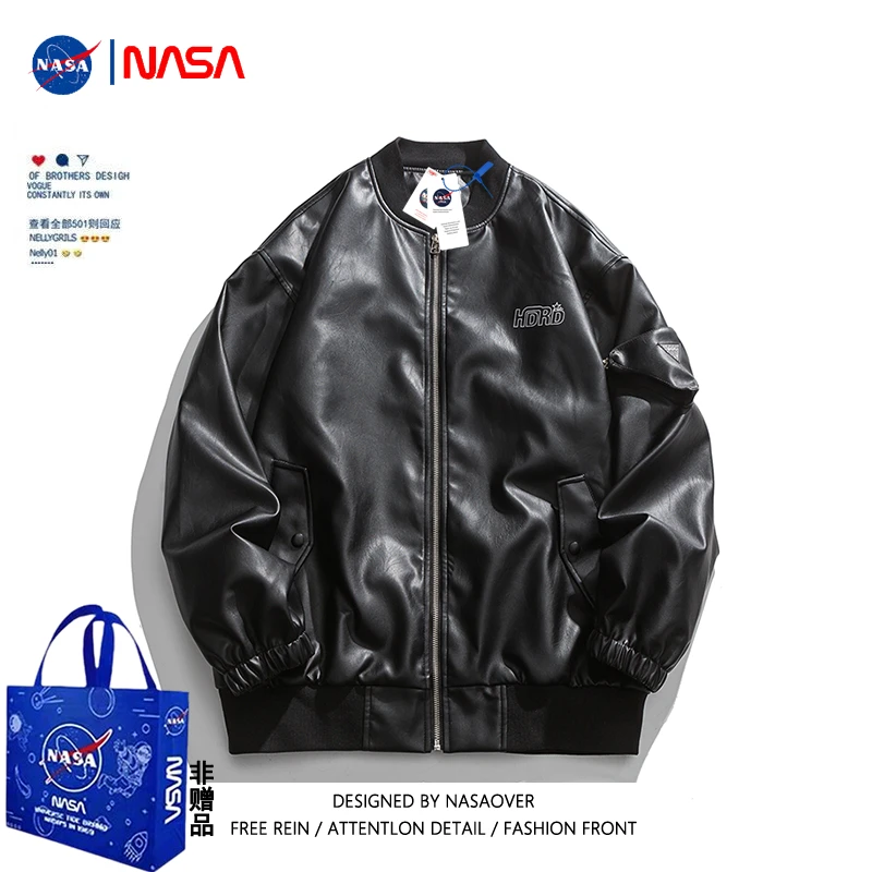 NASA官方联名国潮百搭2023春秋季新款棒球领PU皮飞行服夹克外套女