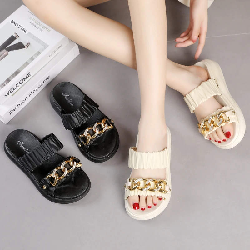 拖鞋女款链条带钻2024新款网红夏季时尚凉拖鞋平底沙滩鞋