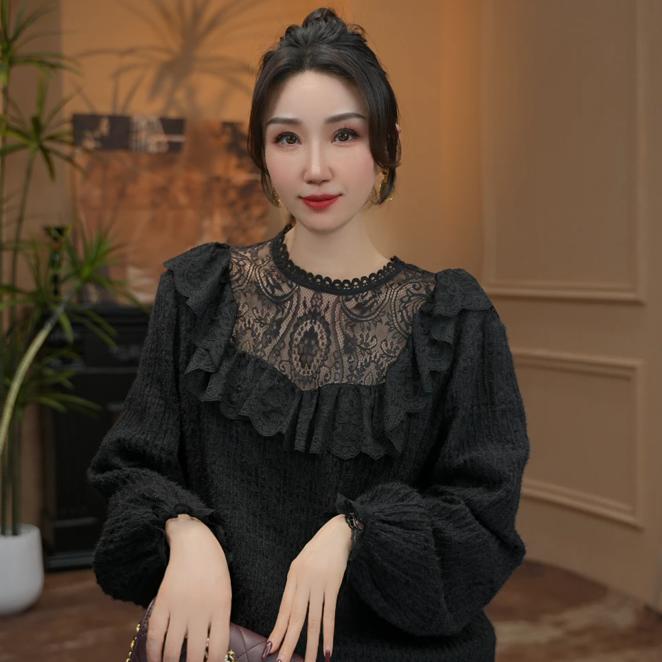 逸焰【雪姐璀璨星河】-木耳圆领荷叶拼接蕾丝亮片大版衫-90632