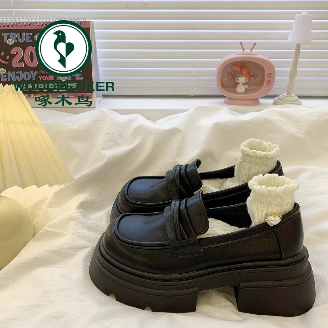 啄木鸟英伦风小皮鞋女2025新款一脚蹬单鞋黑色乐福鞋法式厚底粗跟