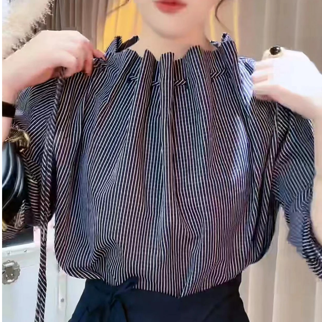 长袖抽绳法式圆领褶皱上衣设计感百搭老钱风女装一字肩