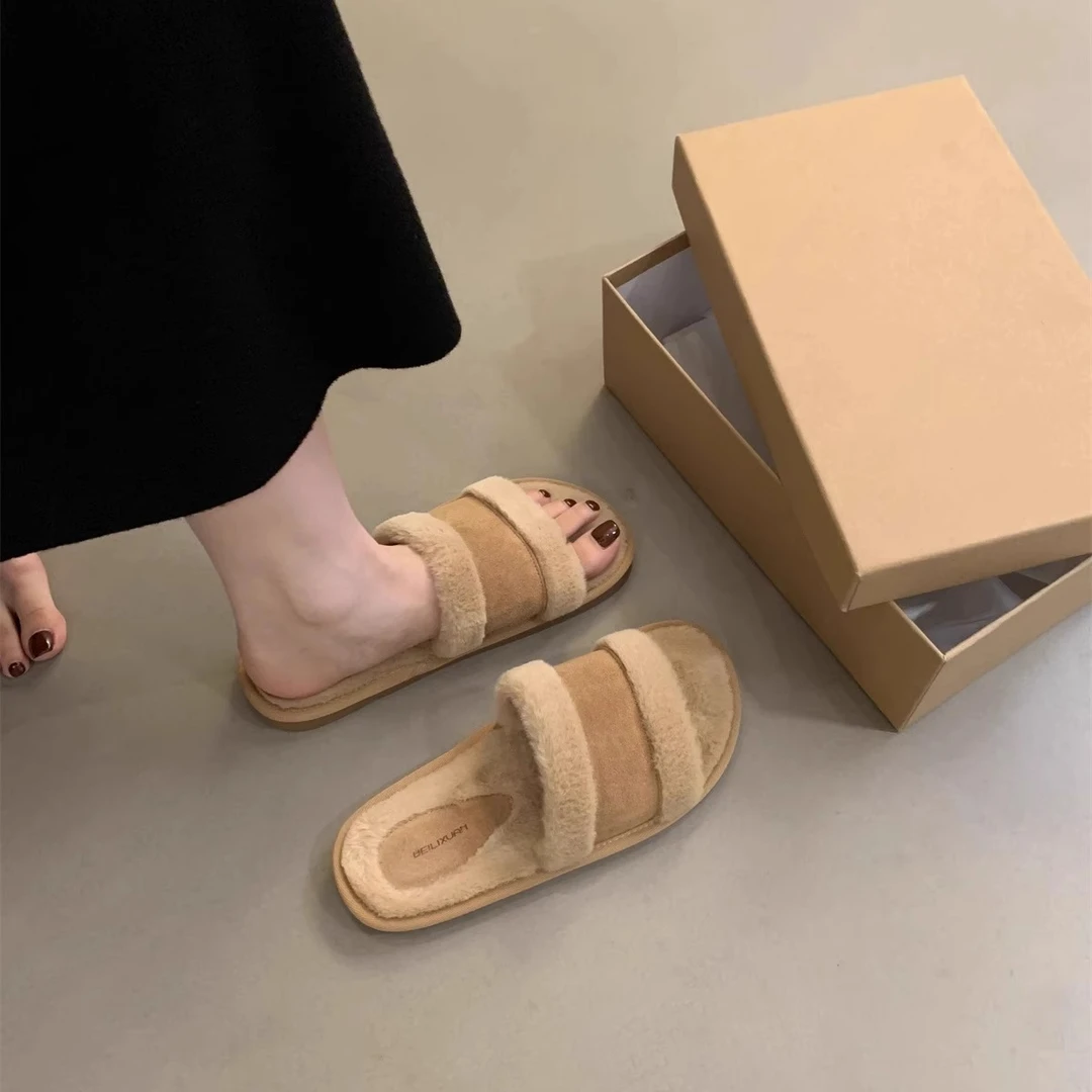 复古一字毛毛拖鞋女外穿2024秋冬新款韩版温柔仙女气质平底绒半拖