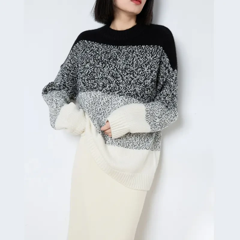 13154欧丝璐新款纯山羊绒渐变拼色圆领宽松套头女衫毛衣