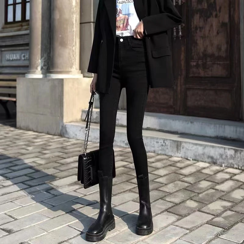 牛仔裤女2025春季高腰显瘦新款铅笔小脚大码百搭黑色弹力裤子