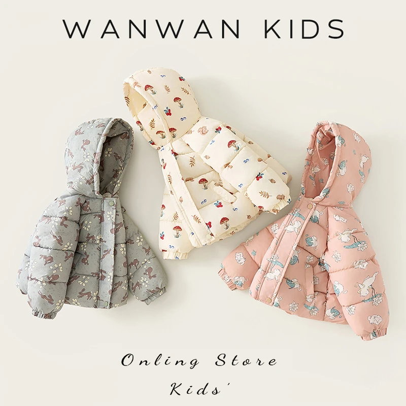 加绒加厚儿童秋冬新款保暖棉服婴儿宝宝连帽印花短款小童棉衣外套