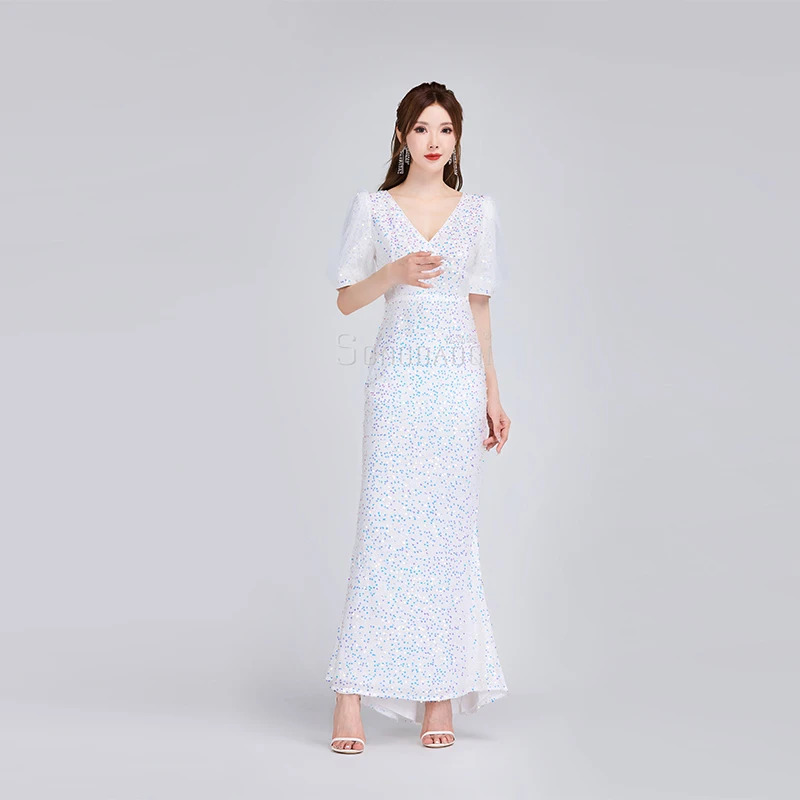 松岛崎深V气质修身宴会设计师优雅显瘦走秀白色长款礼服S80081038