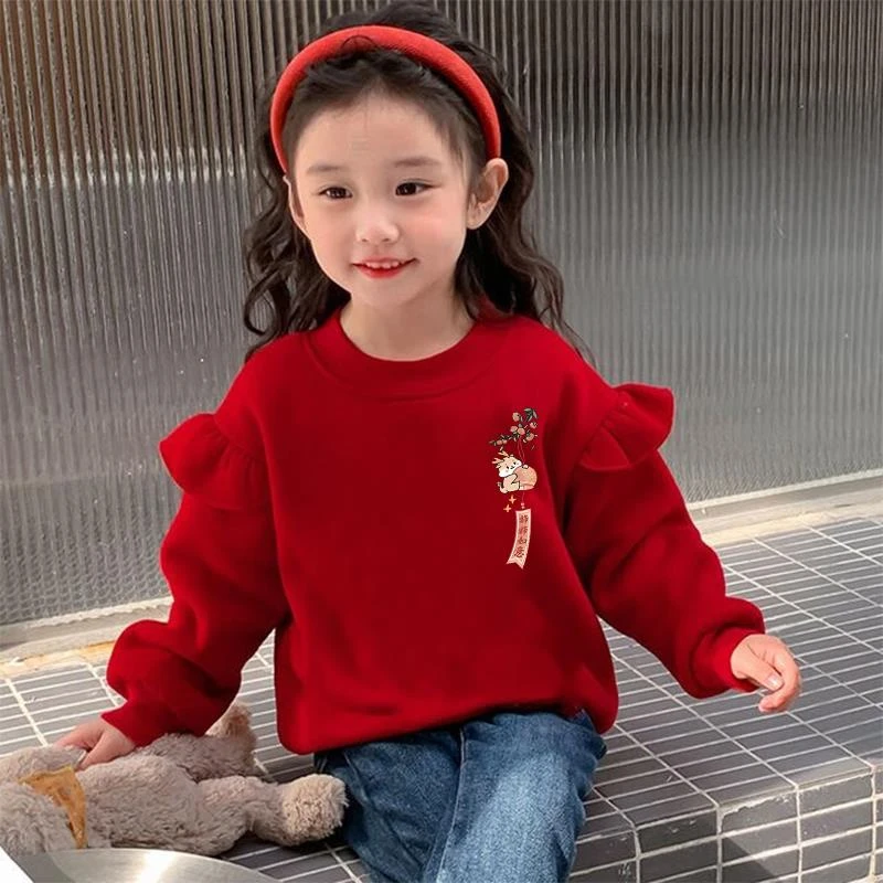 儿童红色圆领卫衣秋冬2025年新款洋气加绒女宝宝小女孩本命年上衣