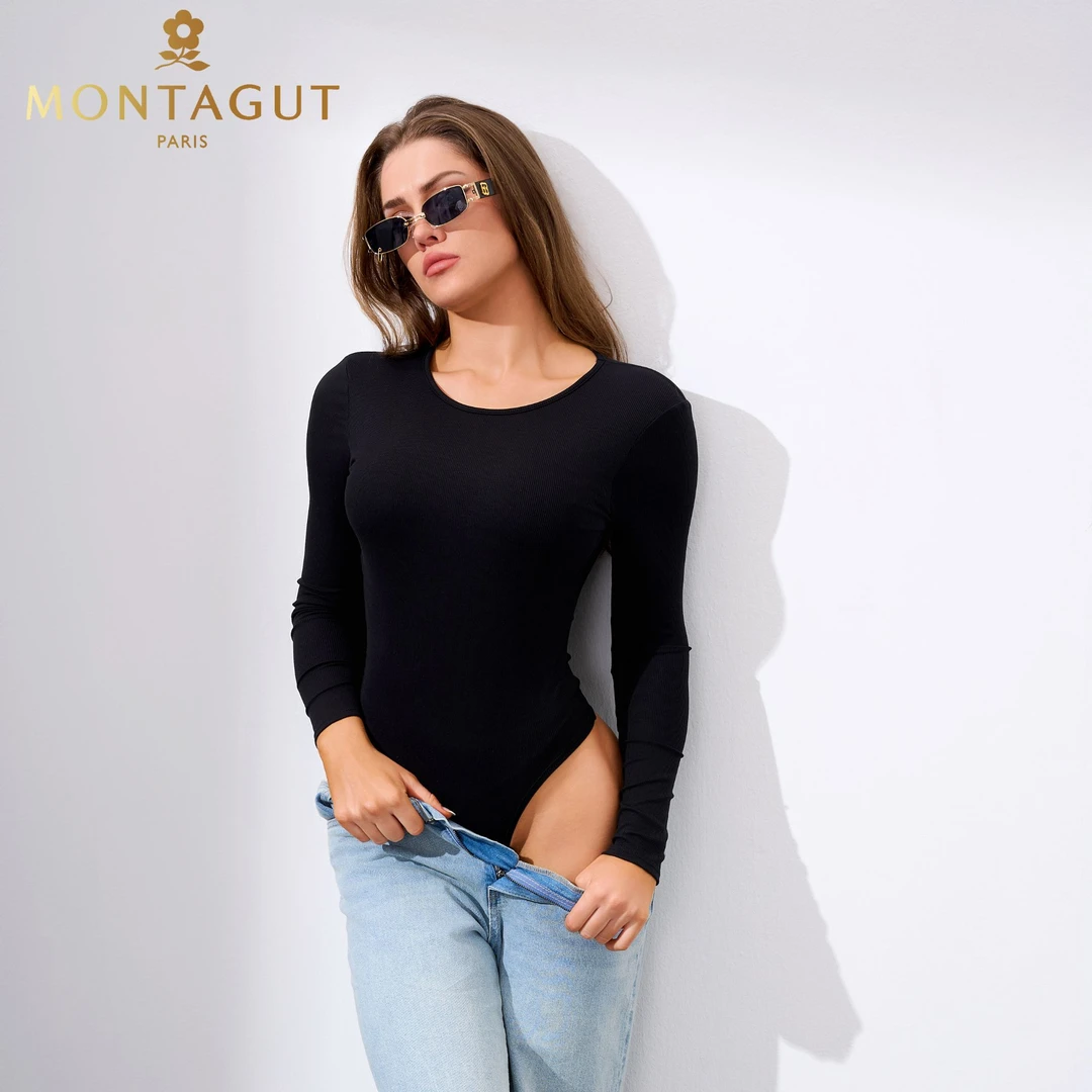 Montagut/梦特娇圆领连体衣长袖女修身显瘦健身运动高颜值打底衫
