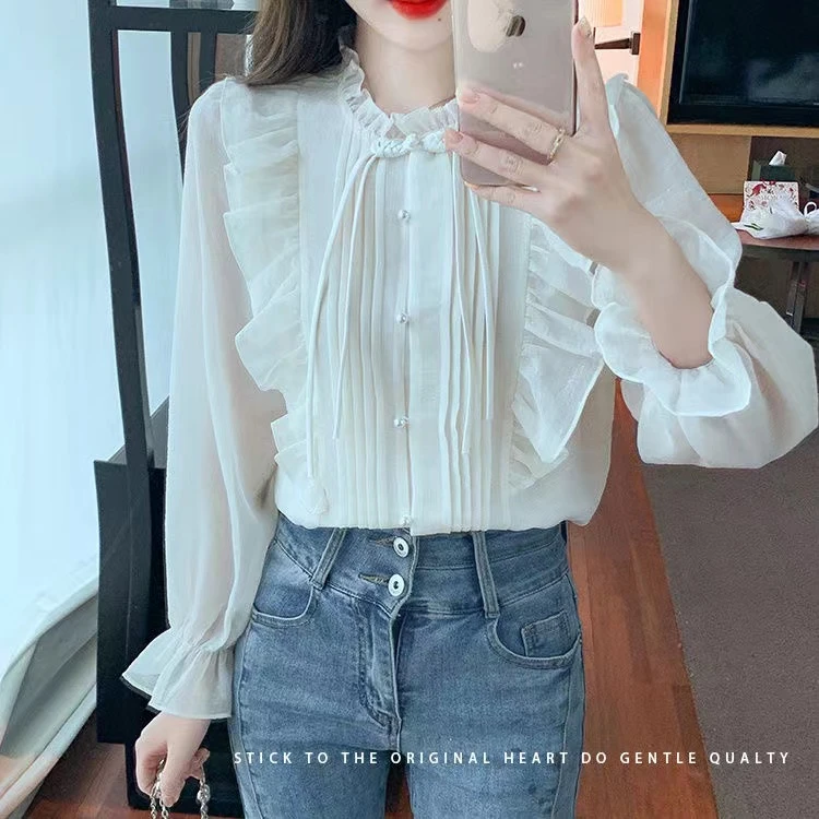 春季衬衫女2024小众设计荷叶边中国结时尚宽松气质百搭长袖衬衣