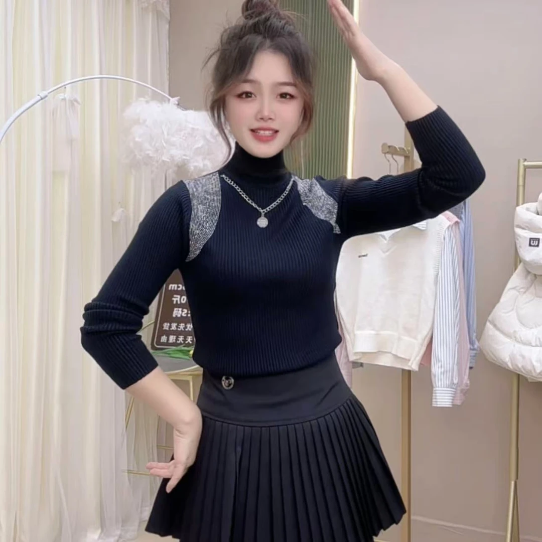 半高领烫钻洋气针织衫女秋冬季2024新款小众设计感修身打底衫毛衣
