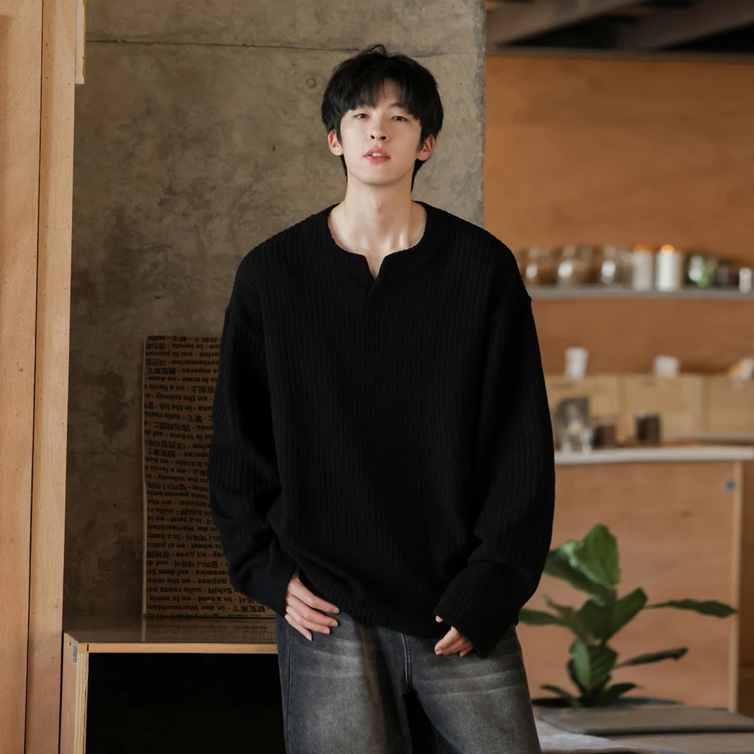 慵懒肌理感V领长袖T恤男秋季内搭休闲体恤宽松男款潮流打底衫上衣