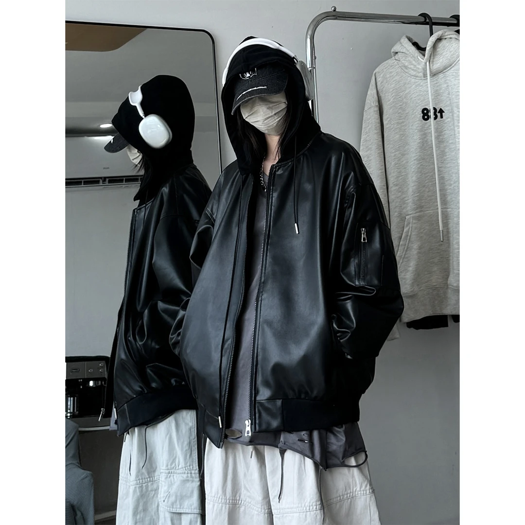 可脱卸连帽黑色皮衣外套男款痞帅美式复古飞行员夹克情侣款机车服