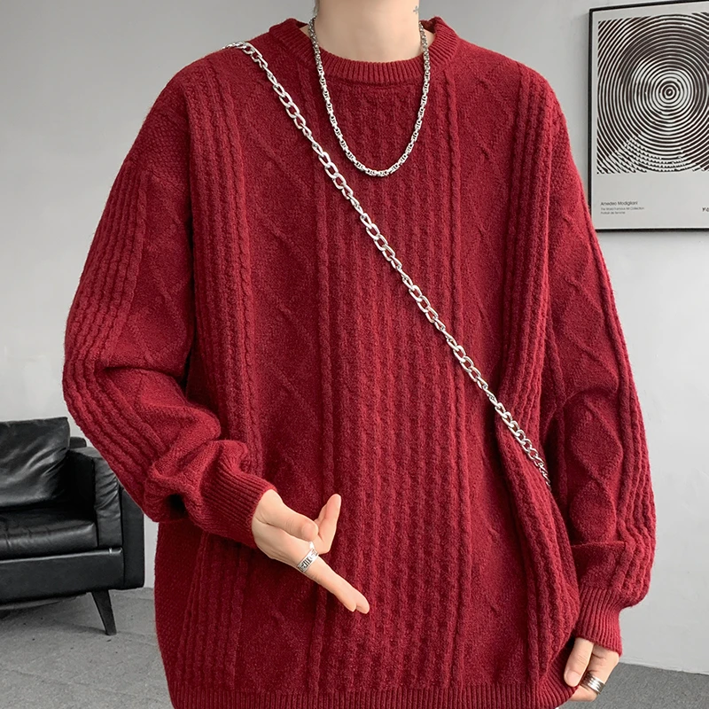 潮牌麻花针织衫男款冬季休闲慵懒风红色毛衣美式休闲情侣保暖外套