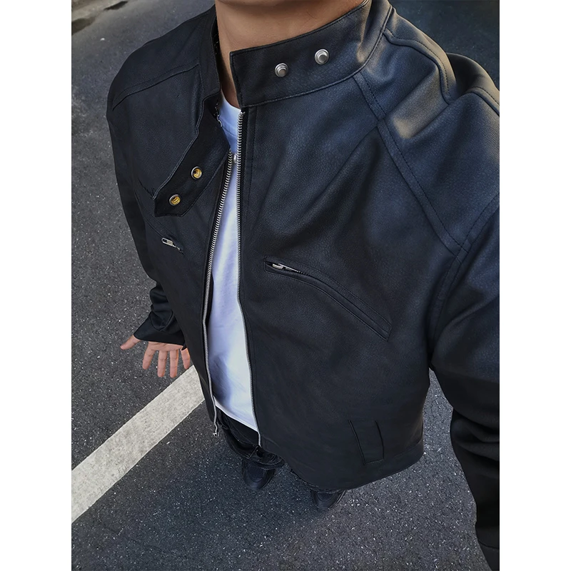 cleanfit短款潮牌皮衣外套男高级感痞帅立领解构设计感机车皮夹克