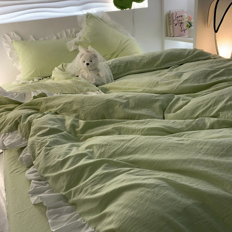 韩系荷叶花边床上四件套非全棉纯棉床单被套少女心学生宿舍三件套