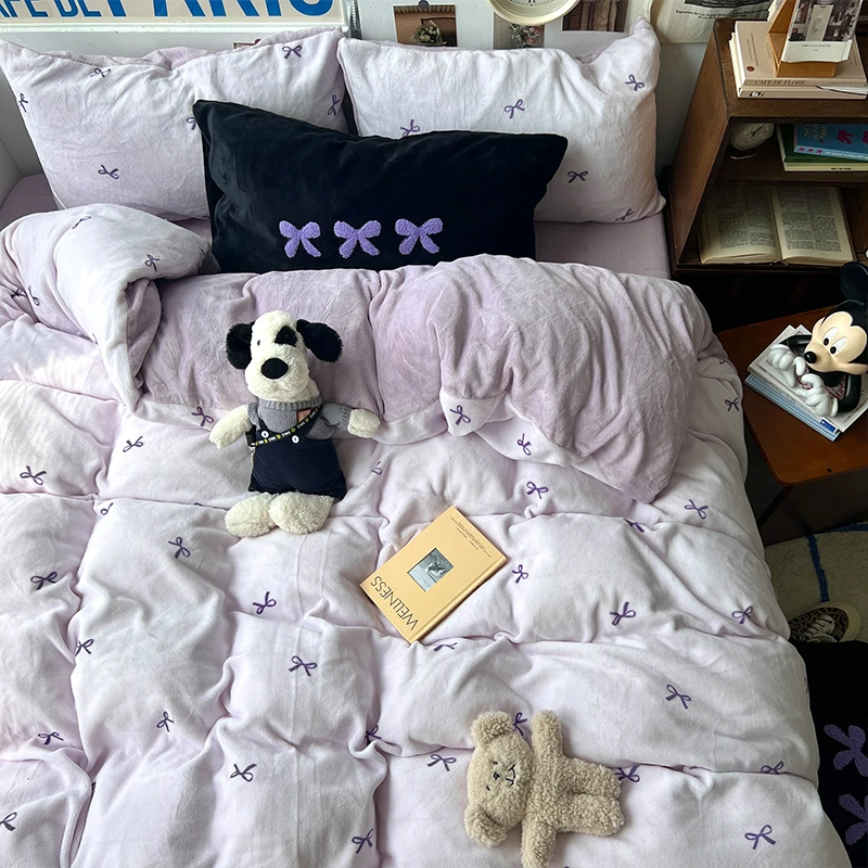 加绒加厚牛奶绒四件套紫色双人床单被套学生宿舍珊瑚绒被罩三件套