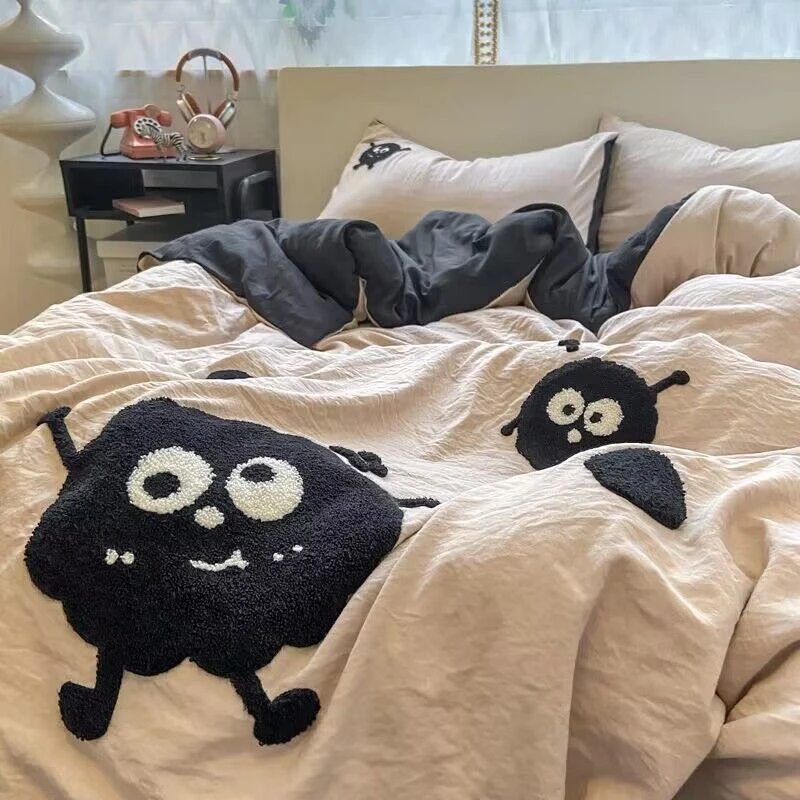 高颜值ins刺绣毛巾绣小煤球被套四件套双人床单宿舍三件套非全棉