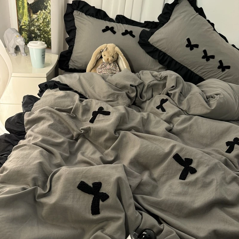 小香风荷叶花边刺绣蝴蝶结灰色被套四件套宿舍单人被罩床单三件套