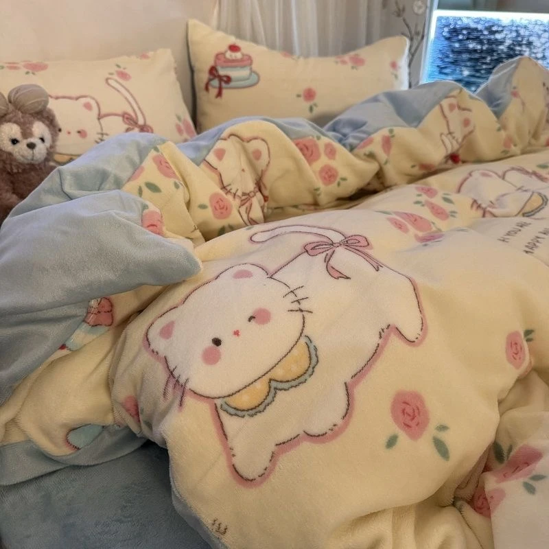 加厚牛奶绒可爱猫咪被套珊瑚绒床单被罩学生宿舍单人双面绒水晶绒