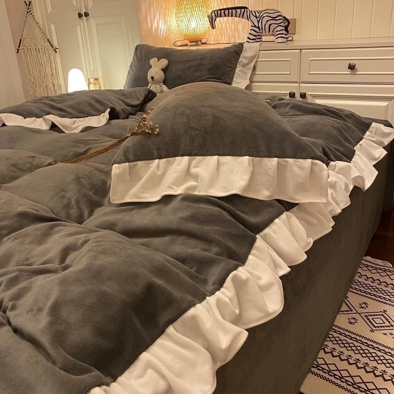 韩式ins荷叶边牛奶绒被罩四件套1.8双人床单被套加厚珊瑚绒三件套