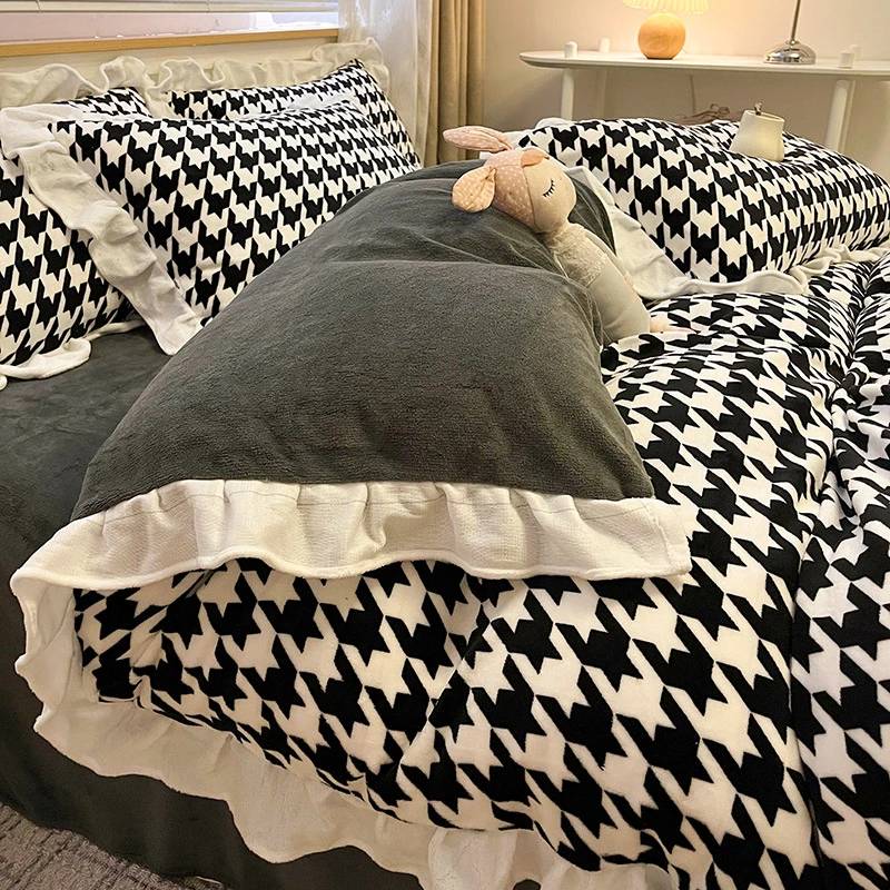 北欧风千鸟格牛奶绒四件套荷叶花边被罩水晶绒加厚床单被套三件套