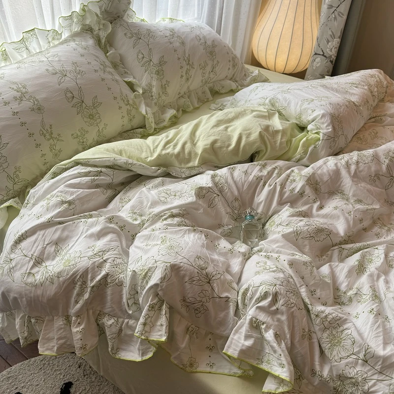 韩式小清新床上四件套花边被罩学生宿舍床单被套三件套非全棉纯棉