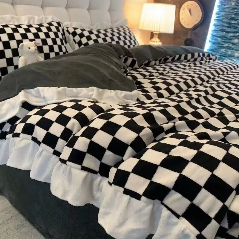 简约棋盘格黑色冬季双面绒牛奶绒中性格子四件套珊瑚绒被套三件套