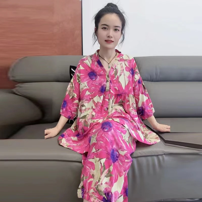 秋夏季女士棉绸套装七分袖开衫休闲大码家居服可外穿
