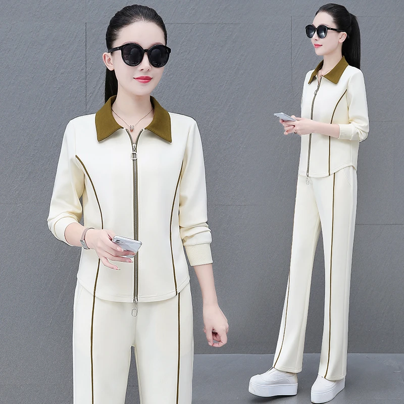 休闲运动套装女秋季新款时尚翻领高档双拉链洋气显瘦卫衣两件套潮