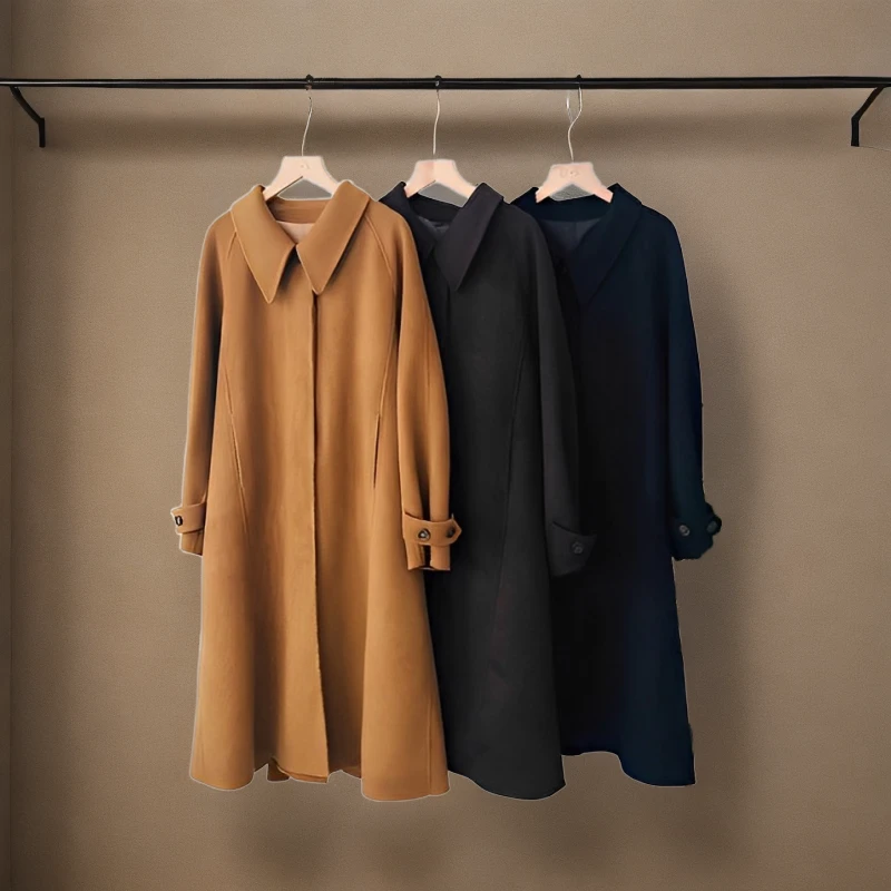 方领带袖拉长款羊毛大衣W069显瘦气质时尚休闲百搭女士双面中长款