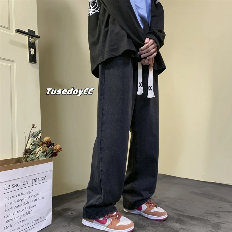 新款复古直筒男士牛仔裤宽松百搭休闲裤松紧腰潮流抽绳浅色牛仔裤