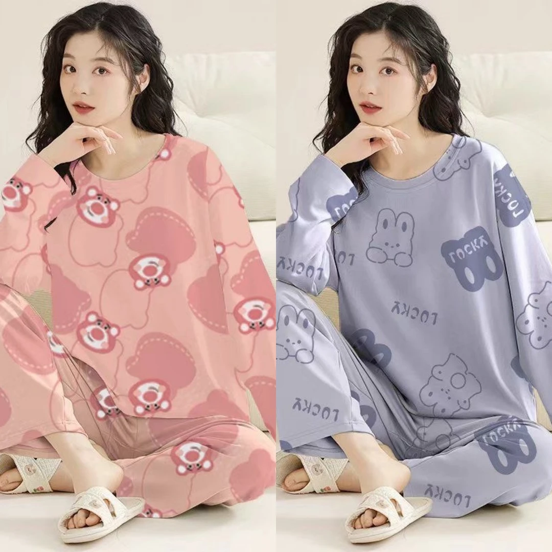 睡衣女春秋季带胸垫甜美长袖长裤卡通大码宽松ins外穿套装家居服