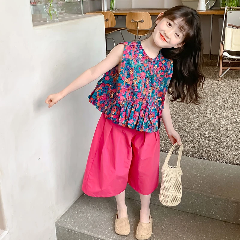 女童装套装洋气2024新款儿童小女孩夏季无袖两件套潮碎花夏款韩版