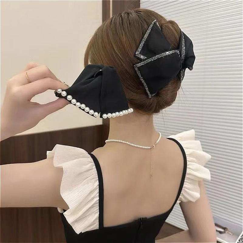 气质新款法式半扎发发夹后脑勺盘发夹子黑色抓夹女缎面珍珠鲨鱼夹