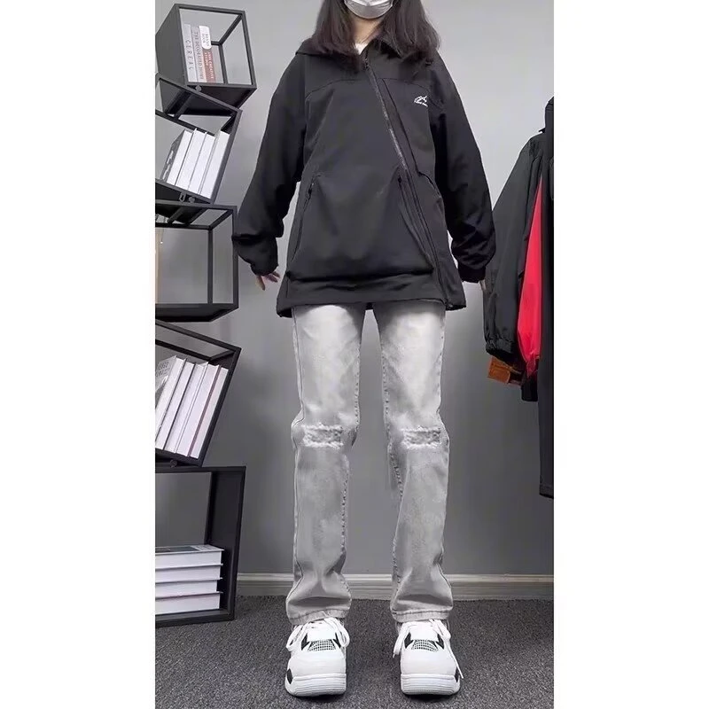 美式高街vibe风裤子夏季薄款黑色毛边破洞牛仔裤男修身直筒微喇裤