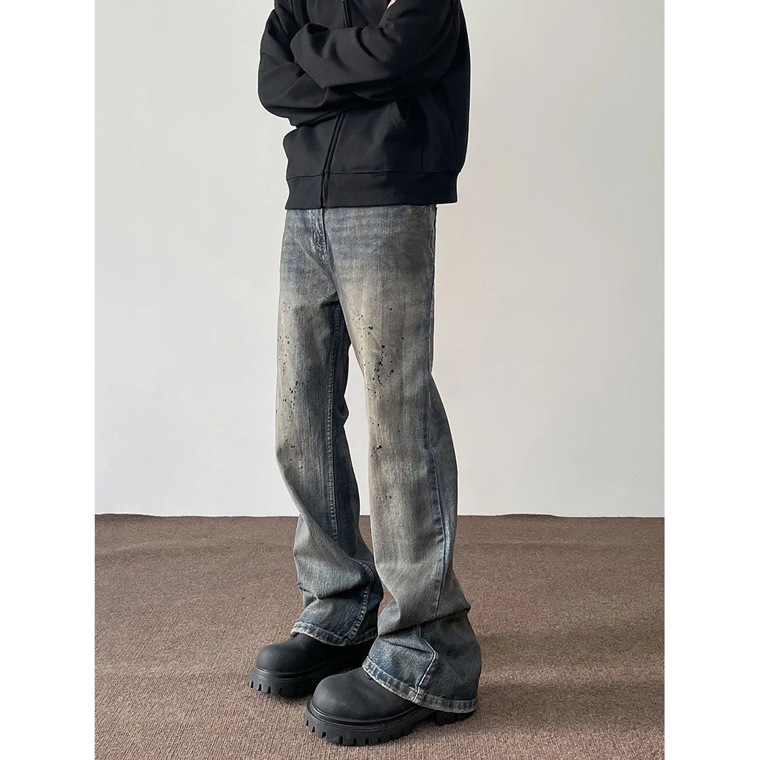 美式高街cleanfit做旧泼墨牛仔裤男女vibe潮牌百搭直筒微喇休闲裤