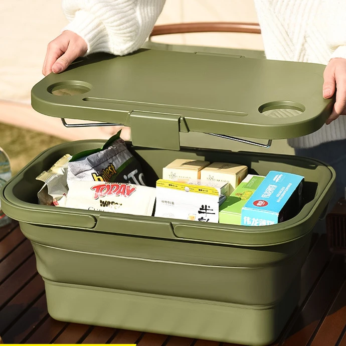 户外可折叠野餐篮春游露营收纳箱野炊车载手提带盖带桌板收纳篮