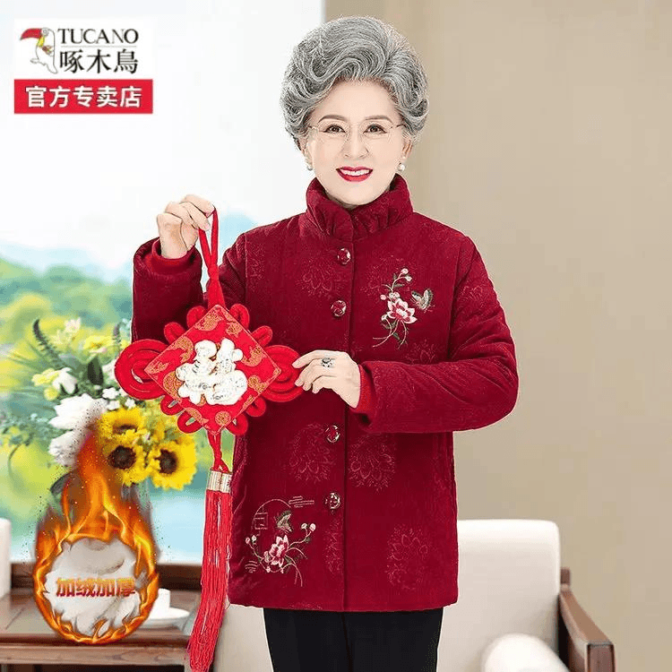 啄木鸟品牌服装妈妈装加绒外套秋冬奶奶装保暖上衣老年人加厚外套