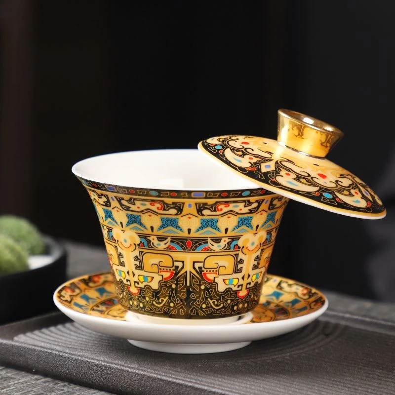 唐卡悬停盖碗茶杯大号三才碗描金茶碗陶瓷高档礼品羊脂玉功夫茶具