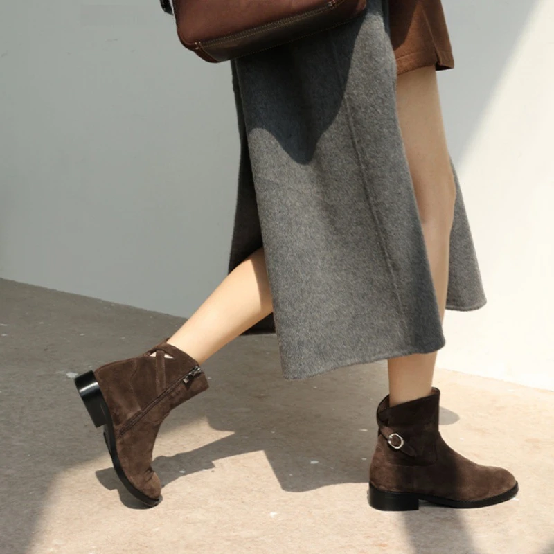 V口骑士靴女一字扣复古增高真皮粗跟短靴百搭踝靴切尔西短靴冬季