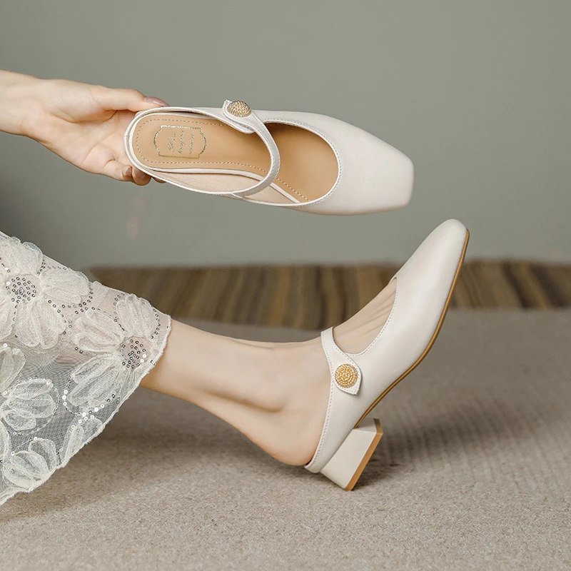 平底凉鞋法式玛丽珍晚风真皮鞋包头半拖银色单鞋女夏外穿配裙凉拖