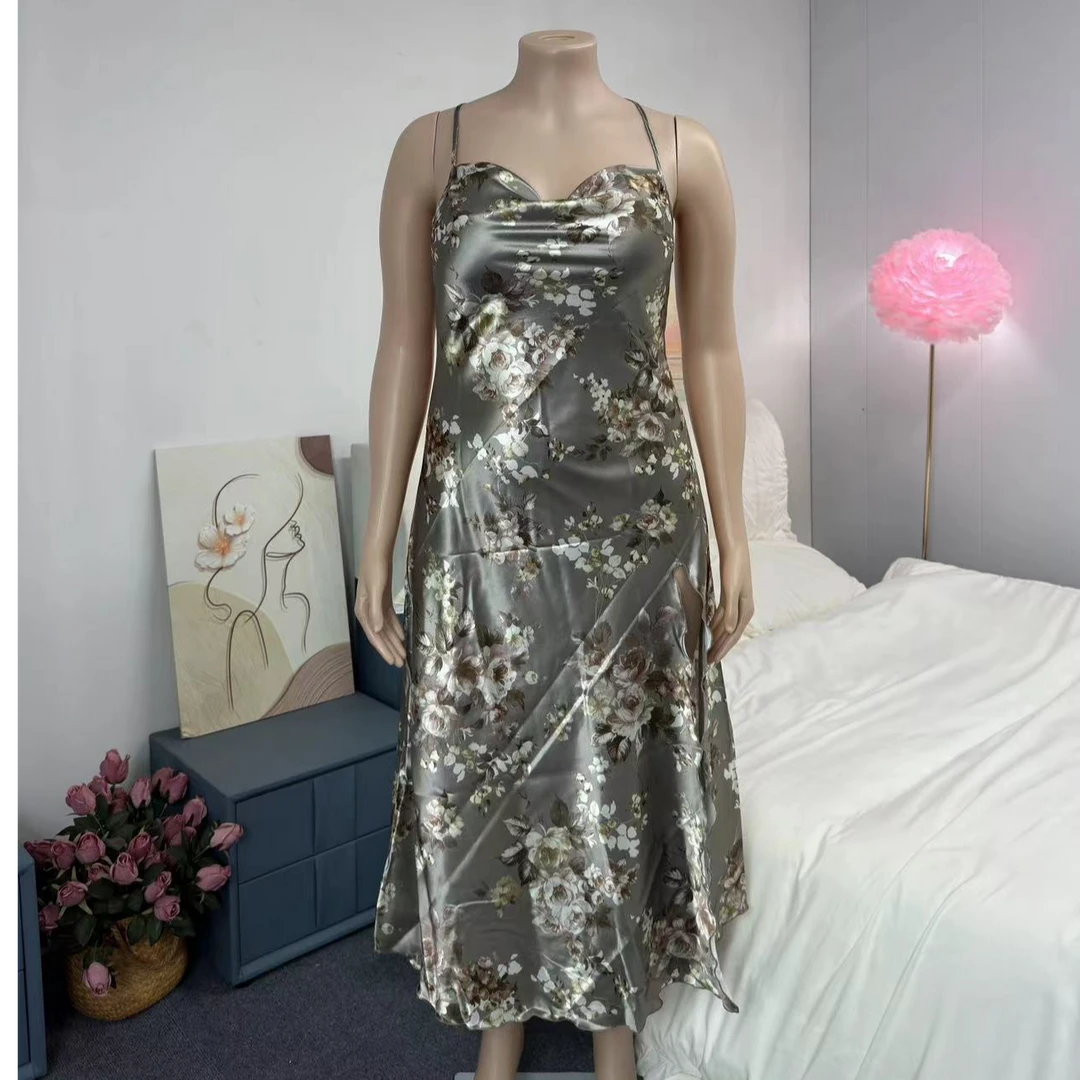 D005【谭韵女装】气质显瘦连衣裙复古法式长款印花优雅时尚开叉长裙