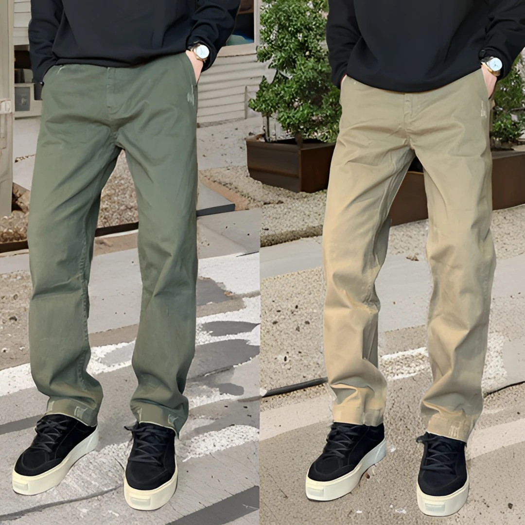 轻奢痞帅秋冬美式水洗破坏卡其休闲工装裤街头直筒裤子男做旧长裤