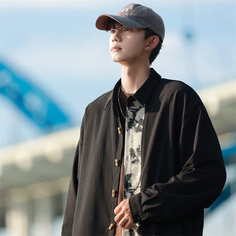 秋季新中式衬衫男中国风复古拼接衬衫外套百搭潮流男士长袖衬衣