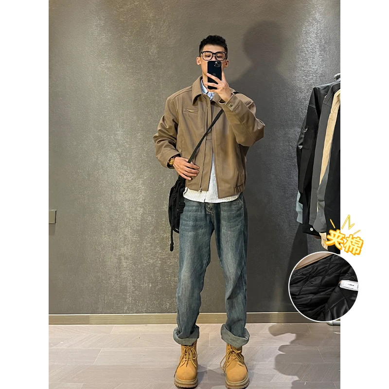 冬季新款轻奢美式复古外套百搭休闲潮流拉链棉衣外套夹棉秋冬男装